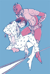 1boy 1other between_legs bob_cut bruno_bucciarati cleavage_cutout clothing_cutout commentary commentary_request hand_between_legs hand_on_own_hip jojo_no_kimyou_na_bouken long_sleeves looking_at_viewer male_focus medium_hair pink_theme spiked_helmet stand_(jojo) sticky_fingers_(stand) vento_aureo wain08 zipper zipper_pull_tab