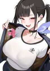 Rule 34 | 1girl, belt, black belt, black bra, black choker, black hair, black jacket, black skirt, blush, bra, bra visible through clothes, breasts, choker, cleavage, commentary, condom, condom packet strip, condom wrapper, ear ornament, fang, goddess of victory: nikke, hair intakes, highres, jacket, jewelry, long hair, looking at viewer, mole, mole under eye, open clothes, open jacket, open mouth, opened by self, pencil skirt, red eyes, ring, see-through clothes, see-through shirt, shirt, simple background, skirt, smile, solo, sora (nikke), twintails, underwear, white background, white shirt, xi oshir1