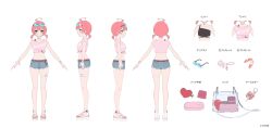 1girl a-pose ahoge bag belt blue-framed_eyewear bracelet breasts clothes_writing clothing_cutout commentary_request company_name copyright_notice crop_top cropped_shirt denim denim_shorts eyewear_on_head flower full_body glasses green_eyes hair_flower hair_ornament highres hololive holonatsu_paradise jewelry looking_at_viewer low_twintails midriff multiple_views nail_polish navel navel_cutout noir_eku official_alternate_costume official_art pendant_choker pink_hair pink_shirt platform_sandals reference_sheet sakura_miko sakura_miko_(holonatsu_paradise) sandals second-party_source shirt short_shorts shorts shoulder_bag solo thigh_belt thigh_strap tied_shirt toenail_polish toenails translation_request turnaround twintails virtual_youtuber