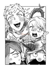 1girl 3boys ambrosia_(dungeon_meshi) armor chilchuck_tims cibamatoxins commentary_request dungeon_meshi facial_hair fake_horns greyscale helmet highres horned_helmet horns laios_touden marcille_donato monochrome multiple_boys mustache open_mouth pointy_ears senshi_(dungeon_meshi) staff sweat tearing_up
