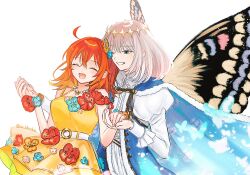 Rule 34 | 1boy, 1girl, ahoge, arthropod boy, blue eyes, blush, butterfly wings, cape, closed eyes, command spell, crown, diamond hairband, dress, dress flower, fate/grand order, fate (series), flower, fujimaru ritsuka (female), fur-trimmed cape, fur trim, grey hair, hair between eyes, highres, holding hands, insect wings, jewelry, kr38roka, long sleeves, medium hair, necklace, oberon (fate), oberon (first ascension) (fate), one eye closed, orange hair, simple background, smile, upper body, white background, wings, yellow dress