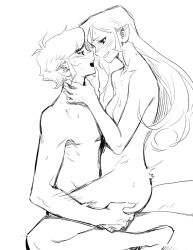 aged_up breasts commentary_request eye_contact from_side hand_on_another&#039;s_neck hetero highres link long_hair looking_at_another monochrome nintendo nude open_mouth pointy_ears profile senzo6700 sex short_hair sitting sitting_on_lap sitting_on_person small_breasts smile sweat tetra the_legend_of_zelda the_legend_of_zelda:_the_wind_waker