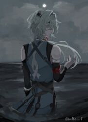 1boy anaxa_(honkai:_star_rail) back bare_shoulders cloud cloudy_sky cyn_ouo hand_up highres honkai:_star_rail honkai_(series) looking_at_viewer male_focus medium_hair moon parted_lips side_ponytail sky solo twitter_username water