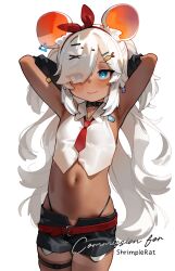 1girl animal_ears arms_behind_head belt_collar black_collar black_panties black_shorts blue_eyes breasts closed_mouth collar collared_shirt commission cowboy_shot cropped_shirt dark-skinned_female dark_skin ear_tag eyes_visible_through_hair hair_ornament hair_over_one_eye hairclip highleg highleg_panties indie_virtual_youtuber kani_fish long_hair looking_at_viewer mouse_ears mouse_girl navel necktie panties petite red_necktie shirt short_shorts shorts shrimplerat simple_background sleeveless sleeveless_shirt small_breasts smile solo stomach tan tanline thigh_strap underwear wavy_hair white_background white_hair white_shirt x_hair_ornament