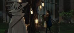 1boy 1girl box building cape dust_girl hat highres holding holding_box holding_staff original spiral_staircase staff stairs stairwell white_cape white_hair wizard_hat