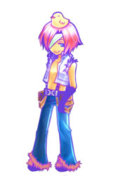 1boy akanegusa animal animal_on_head baby_animal bandage_over_one_eye belt bird bird_on_head black_belt black_gloves blue_eyes blue_pants chick closed_mouth commentary_request crop_top full_body fur-trimmed_pants fur-trimmed_shirt fur_trim gloves hair_over_one_eye looking_at_viewer lowres male_focus on_head open_clothes open_shirt pants pink_hair ragnarok_online shirt short_hair simple_background sleeveless sleeveless_shirt smile solo white_background white_shirt whitesmith_(ragnarok_online)