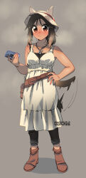 1girl animal_ears belt black_hair black_leggings boots breasts brown_belt brown_boots brown_eyes bucket_hat commentary_request dog_ears dog_tail dress ergot full_body grey_background hand_on_own_hip hat holding holding_phone kemonomimi_mode leggings medium_breasts original phone sidelocks simple_background solo sundress tail tail_wagging tina_(ergot) white_dress white_hat