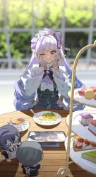 1boy 2girls agas0924 ahoge belle_(zenless_zone_zero) blue_hair brother_and_sister chibi commentary_request cup dress drill_hair eating fang fang_out food fork fruit grey_hair guest_art hairband hand_on_own_face highres long_hair long_sleeves looking_down mole mole_under_eye multiple_girls one_eye_closed pie pie_slice pointy_ears purple_eyes purple_hair purple_hairband saucer siblings skin_fang solo strawberry table tablet_pc tea teacup tiered_tray vivian_banshee window wise_(zenless_zone_zero) zenless_zone_zero