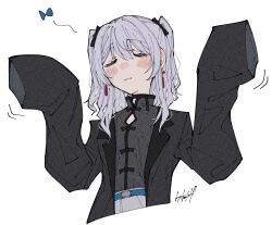 1girl absurdres belt black_bow black_coat black_shirt blue_belt blush bow closed_eyes closed_mouth coat commentary cropped_torso earrings facing_viewer grey_hair hair_bow hashtag-only_commentary highres indie_virtual_youtuber jewelry motion_lines nekomugi_tororo shirt signature simple_background solo tassel tassel_earrings toake_mikage virtual_youtuber white_background