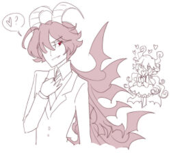 Rule 34 | 1boy, 1girl, ?, adjusting clothes, adjusting necktie, buttons, demon boy, demon girl, demon horns, dress, drooling, formal clothes, frilled dress, frills, funamusea, gallaxi, genderswap, genderswap (ftm), genderswap (mtf), heart, horns, lil (funamusea), long hair, low twintails, necktie, open mouth, pink hair, red eyes, satanick (funamusea), simple background, speech bubble, spoken heart, spot color, suit, twintails, white background