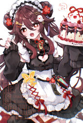 Rule 34 | 1girl, absurdres, alternate costume, apron, artist name, black dress, blush, boo tao (genshin impact), brown hair, cake, clothing cutout, commentary request, double bun, dress, enmaided, etmachigaeatx, flower-shaped pupils, food, fork, frilled apron, frilled hairband, frills, genshin impact, hair between eyes, hair bun, hairband, heart cutout, highres, holding, holding fork, holding tray, hu tao (genshin impact), long hair, long sleeves, looking at viewer, maid, maid headdress, open mouth, simple background, solo, symbol-shaped pupils, tray, very long hair, waist apron, white apron, white background, white hairband