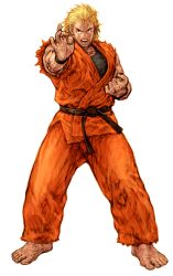 Rule 34 | 1boy, absurdres, barefoot, belt, black belt, black undershirt, blonde hair, capcom vs snk, clenched hand, dougi, fighting stance, full body, game cg, highres, male focus, martial arts belt, muscular, nishimura kinu, non-web source, official art, open mouth, orange dougi, outstretched arm, ryou sakazaki, ryuuko no ken, scowl, sleeveless, solo, teeth, the king of fighters, torn clothes, torn sleeves, undershirt, v-shaped eyebrows, wristband