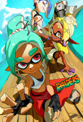 3girls absurdres bare_shoulders big_man_(splatoon) big_man_(splatoon_raiders)_(splatoon) black_bra black_gloves black_shorts blonde_hair blue_hair bra bra_peek cephalopod_eyes chinese_commentary closed_mouth colored_extremities colored_eyelashes commentary_request copyright_name crop_top crossed_legs dark-skinned_female dark_skin earrings fangs fingerless_gloves freckles frye_(splatoon) frye_(splatoon_raiders)_(splatoon) gloves gradient_hair grin hair_bun hair_over_one_eye highres horizontal_pupils inkling inkling_girl inkling_player_character jewelry long_eyelashes long_pointy_ears looking_at_viewer mechanic_(splatoon_raiders) midriff miniskirt multicolored_hair multiple_girls navel nintendo octoling official_alternate_costume one_eye_covered open_mouth orange_eyes pants parted_bangs pointy_ears purple_hair red_eyes red_pants shawl shirt shiver_(splatoon) shiver_(splatoon_raiders)_(splatoon) shoes short_hair shorts shorts_under_skirt single_hair_bun sitting skirt smile splatoon_(series) splatoon_raiders tentacle_hair thick_eyebrows underwear white_shirt white_shoes white_skirt xie_di_na_hua_er yellow_shawl