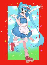 1girl ankle_socks apron arm_up blue_dress blue_hair blue_hat border bow breasts buttons collared_dress diagonal-striped_bow dress hair_between_eyes hand_up hashtag-only_commentary hat hat_bow hatsune_miku leg_up long_hair mesmerizer_(vocaloid) open_mouth pinstripe_dress pinstripe_hat pinstripe_pattern red_border red_bow red_shoes roller_skates sailor_collar sharp_teeth shoes short_sleeves skates small_breasts socks solid_oval_eyes solo standing striped_bow teeth tongue tongue_out twintails very_long_hair visor_cap vocaloid waist_apron wenp white_apron white_bow white_sailor_collar white_socks white_wrist_cuffs wrist_cuffs