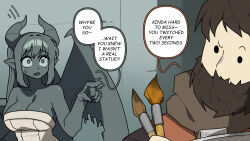 1boy 1girl :o artist_name beard black_eyes blush breasts brown_hair colored_sclera colored_skin commentary demon_girl demon_horns demon_wings english_commentary english_text facial_hair gargoyle gomulgong grey_eyes grey_hair grey_horns grey_sclera grey_skin hand_up highres holding holding_paintbrush horns indoors large_breasts long_hair looking_at_another original paintbrush pointing pointing_at_another raised_eyebrow solid_oval_eyes speech_bubble trembling twitter_username wings