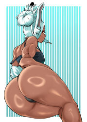 1girl alternate_hairstyle animal_ears aqua_background ass bare_arms bare_legs bare_shoulders bighead333 black_panties black_tank_top boku_no_hero_academia border breasts commentary commentary_request dark-skinned_female dark_skin english_commentary feet_out_of_frame food food_in_mouth from_behind hair_bun highres huge_ass korean_commentary large_breasts long_eyelashes long_hair looking_at_viewer mirko mixed-language_commentary panties popsicle popsicle_in_mouth puffy_cheeks rabbit_ears rabbit_girl rabbit_tail red_eyes solo strap_slip striped_background tail tank_top thick_thighs thighs toned toned_female underwear vertical-striped_background white_border white_hair