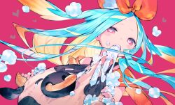 Rule 34 | 1girl, aqua hair, biting, blonde hair, blush, bukurote, carrot rabbit (bukurote), forehead, heart, heart-shaped pupils, long hair, looking at viewer, multicolored hair, original, pink eyes, revision, solo, stuffed cow, stuffing, symbol-shaped pupils, teeth, two-tone hair