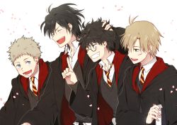 4boys black_hair blue_eyes brown_hair glasses grin harry_potter_(series) james_potter male_focus multiple_boys peter_pettigrew remus_lupin school_uniform short_hair sirius_black smile wizarding_world
