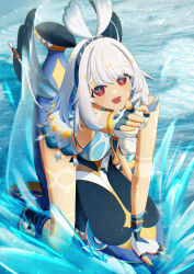 Rule 34 | 1girl, :d, absurdres, arm up, armpits, black skirt, blue hair, bracelet, braid, breasts, commentary request, dark skin, day, fingerless gloves, genshin impact, gloves, groin, highres, jewelry, kl39p, large breasts, long hair, looking at viewer, microskirt, mualani (genshin impact), multicolored hair, multicolored skirt, navel, ocean, open mouth, outdoors, red eyes, shark, sitting, sitting on object, skirt, smile, solo, surfing, symbol-shaped pupils, tan, thighs, two-tone hair, underboob, white gloves, white hair, white skirt