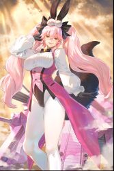 1girl absurdres animal_ear_fluff animal_ears black_bow black_gloves blush bow breasts build_divide coattails collared_shirt corset dress_shirt fate/grand_order fate_(series) fox_tail glasses gloves hair_between_eyes hair_bow highres koyanskaya_(assassin)_(second_ascension)_(fate) koyanskaya_(fate) large_breasts long_hair long_sleeves looking_at_viewer mashutarou_(neko_no_oyashiro) open_mouth pantyhose pink_hair rabbit_ears shirt sidelocks smile solo tail tamamo_(fate) thighs twintails underbust white_pantyhose white_shirt yellow_eyes