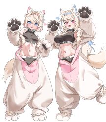 Rule 34 | 2girls, :d, :o, absurdres, animal costume, animal ear fluff, animal ears, animal hands, arms up, black panties, black sports bra, blonde hair, blue eyes, blush, commentary, cosplay, dog costume, dog ears, dog girl, dog paws, english commentary, full body, fuwawa abyssgard, gurumie, hair ornament, heart, highres, hololive, hololive english, kigurumi, long hair, looking at viewer, mococo abyssgard, multicolored hair, multiple girls, open mouth, paid reward available, panties, paw pose, pink eyes, pink hair, short hair, siblings, sisters, smile, sports bra, two-tone hair, underwear, virtual youtuber, x hair ornament