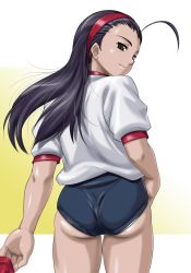 Rule 34 | 1girl, ahoge, ass, ass focus, back, black hair, brown eyes, capcom, forehead, gym uniform, hairband, highres, hinokawa jun, iinchou (justice gakuen), justice gakuen, long hair, looking at viewer, looking back, shiny skin, skindentation, smile, thighs