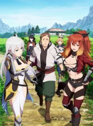 1boy 4girls abs absurdres allucia_citrus armor armored_dress beryl_gardernant black_hair black_shorts blonde_hair blue_eyes blue_sky bra breasts brown_eyes brown_hair collarbone cropped_jacket curuni_crueciel dress ficelle_harbeller green_eyes hair_ribbon hand_in_own_hair highres holding_hands katainaka_no_ossan_kensei_ni_naru large_breasts long_hair medium_breasts midriff multiple_girls navel official_art open_mouth red_eyes red_hair ribbon short_hair shorts sky smile surena_lysandra underwear walking white_hair
