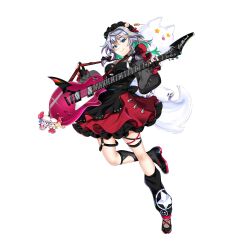 1girl alternate_costume alternate_headwear_color black_bow black_dress black_gloves black_headdress black_leg_warmers black_shoes blue_eyes bow braid breasts character_doll closed_mouth dog doll dress fingerless_gloves flandre_scarlet game_cg gloves grey_hair guitar hair_bow highres holding holding_guitar holding_instrument instrument izayoi_sakuya izayoi_sakuya_(lostwordlive2025) large_breasts leg_up leg_warmers long_hair long_sleeves looking_at_viewer maid_headdress multicolored_dress official_art puffy_long_sleeves puffy_sleeves red_nails remilia_scarlet rotte_(1109) shoes smile solo thigh_strap third-party_source touhou touhou_lostword twin_braids