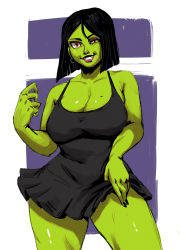 1girl absurdres banjo-kazooie black_hair breasts cleavage clothes_lift colored_skin cowboy_shot crazy_eyes dress earrings eyeshadow green_skin gruntilda_winkybunion highres jewelry large_breasts lifting_own_clothes makeup pink_lips purple_background red_eyes redblacktac short_hair skirt skirt_lift smile solo thick_thighs thighs wide_hips