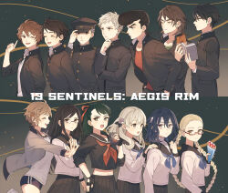 Rule 34 | 6+boys, 6+girls, amiguchi shuu, bandaged head, bandaged neck, bandages, black hair, black jacket, black serafuku, blonde hair, blue hair, blue neckerchief, braid, brown eyes, brown hair, closed eyes, crepe, delinquent, drink, eating, everyone, fingerless gloves, flower, food, fuyusaka iori, gakuran, glasses, gloves, gouto renya, grey serafuku, gym uniform, hair flower, hair ornament, hand on own chin, happy, hat, highres, hijiyama takatoshi, holding, holding crepe, holding food, holding notebook, holding unworn clothes, holding unworn hat, jacket, juusan kihei bouei ken, kisaragi tomi, kurabe juurou, lineup, long hair, military hat, minami natsuno, miura keitarou, multiple boys, multiple girls, neckerchief, notebook, ogata nenji, one eye closed, open clothes, open jacket, pankona (ubsssss), pompadour, ponytail, purple neckerchief, red-framed eyewear, red neckerchief, red ribbon, red undershirt, ribbon, school uniform, sekigahara ei, semi-rimless eyewear, serafuku, shinonome ryouko (juusan kihei bouei ken), short hair, smile, standing, straight hair, sukeban, takamiya yuki, thick eyebrows, twin braids, unworn hat, unworn headwear, wavy hair, white hair, white undershirt, yakisobapan, yakushiji megumi