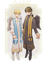 2boys angel_wings bell black_footwear black_hair black_robe black_wings blonde_hair blue_eyes cassock closed_mouth earrings full_body hanemiya_kazutora highres jewelry long_sleeves male_focus matsuno_chifuyu mole mole_under_eye multicolored_hair multiple_boys open_mouth priest robe shoes short_hair single_earring smile stole tokyo_revengers tonshi two-tone_hair white_background white_footwear white_robe white_wings wings yellow_eyes