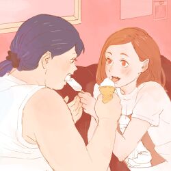 2girls 55bata6rou bare_shoulders black_hair brown_eyes brown_hair eating fat feeding food highres holding holding_food holding_ice_cream_cone holding_popsicle ice_cream_cone indoors kasuga_totoko long_hair looking_at_another low_ponytail multiple_girls nomoto_yuki open_mouth ponytail popsicle shirt short_hair short_sleeves sleeveless sleeveless_shirt smile tongue tongue_out tsukuritai_onna_to_tabetai_onna upper_body white_shirt window