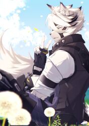 1boy absurdres animal_ears black_gloves blue_sky blush chanshin0095 closed_eyes cloud colored_tips dandelion eyepatch fang fang_out fingerless_gloves flower from_side furry furry_male gloves grey_pants grey_vest hashtag-only_commentary highres male_focus multicolored_hair on_grass pants profile prosthesis prosthetic_leg shirt sitting sky smile v vest von_lycaon white_shirt wolf_boy wolf_ears zenless_zone_zero