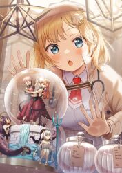 1girl absurdres black_dress blonde_hair blue_eyes blue_hair blush breasts brick_wall brown_headwear brown_jacket brown_skirt chestnut_mouth collared_shirt commentary_request dress gawr_gura gawr_gura_(party_dress) hair_ornament hairclip highres hololive hololive_english jacket mori_calliope mori_calliope_(party_dress) multicolored_hair ninomae_ina&#039;nis ninomae_ina&#039;nis_(1st_costume) open_clothes open_jacket open_mouth orange_hair parted_bangs pink_hair plaid_clothes plaid_headwear plaid_skirt polearm purple_hair red_dress shirt skirt small_breasts snow_globe solo sparkle stethoscope strapless strapless_dress streaked_hair takanashi_kiara takanashi_kiara_(party_dress) trident virtual_youtuber watson_amelia watson_amelia_(1st_costume) weapon white_dress white_hair white_shirt yuusa