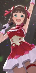 1girl absurdres amami_haruka arm_up breasts brown_hair gloves green_eyes hair_ribbon highres holding holding_microphone idol idol_clothes idolmaster idolmaster_(classic) medium_breasts microphone open_mouth red_ribbon red_shirt ribbon shirt short_hair smile strapless strapless_shirt white_gloves yaki_tai