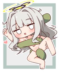 1girl :d arm_up barefoot blank_eyes blue_archive blush border chibi collarbone full_body grey_background grey_hair groin hair_intakes halo hana_kazari hare_(blue_archive) heart highres long_hair looking_at_viewer navel nude open_mouth outline smile solo two-tone_background very_long_hair white_border white_outline