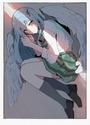 1girl angel_wings bang_dream! bang_dream!_it&#039;s_mygo!!!!! black_ribbon black_shoes black_socks blue_hair blush border closed_mouth commentary crying crying_with_eyes_open diagonal-striped_clothes diagonal-striped_necktie green_necktie green_skirt hair_ribbon haneoka_school_uniform highres kneehighs loafers long_hair looking_at_viewer lying misumi_suki necktie on_side plaid_clothes plaid_skirt pleated_skirt ribbon school_uniform shirt shoes skirt socks solo striped_clothes tears three-quarter_sleeves togawa_sakiko white_border white_shirt wings yellow_eyes