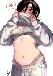 1girl aria_(roresu) black_hair blush borrowed_character breasts cleavage clothes_lift clothes_pull commentary covering_own_mouth cowboy_shot dated earrings english_commentary from_below ginseng_(xin) grey_panties hair_between_eyes hands_up heart highres jewelry large_breasts lifting_own_clothes looking_down medium_hair messy_hair mole mole_on_breast narrowed_eyes navel original panties pants pants_pull signature simple_background sleeves_past_wrists solo speech_bubble spoken_heart sports_bra sweater sweater_lift sweatpants underwear white_background