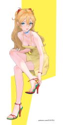 1girl absurdres amatiz blonde_hair blue_choker blue_eyes breasts choker cleavage collarbone commentary english_commentary feet hair_between_eyes headgear high_heels highres legs looking_at_viewer open_mouth orange_hair patreon_username sandals simple_background sitting small_breasts solo souryuu_asuka_langley strappy_heels toenails toes