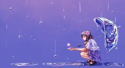 1girl absurdres brown_hair falling_star flower from_side fruiitlins full_body hair_flower hair_ornament highres holding holding_umbrella lilypichu offlinetv outstretched_hand purple_skirt purple_theme rain sandals shirt skirt squatting umbrella white_shirt