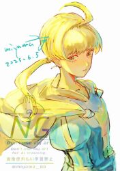 Rule 34 | 1boy, ahoge, androgynous, blonde hair, blue shirt, cape, dated, final fantasy, final fantasy tactics, juliet sleeves, long sleeves, looking at viewer, low ponytail, male focus, miyama (lacrima01), ponytail, puffy sleeves, ramza beoulve, shirt, signature, simple background, solo, twitter username, upper body, watermark, white background, yellow cape, yellow eyes