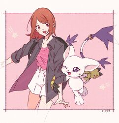 2girls black_jacket blue_eyes body_fur brown_eyes brown_hair cat cowboy_shot digimon digimon_adventure_-beyond- gdn0522 jacket medium_hair multiple_girls open_mouth pink_background pink_shirt shirt shorts simple_background smile star_(symbol) tail tail_ornament tail_ring tailmon whiskers white_fur white_shorts yagami_hikari