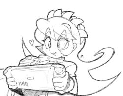 Rule 34 | 1girl, blush, female focus, filia (skullgirls), handheld game console, heart, long hair, machinster, monochrome, necktie, open mouth, playing games, samson (skullgirls), school uniform, sharp teeth, shirt, sketch, skullgirls, smile, solo, solo focus, spiked hair, steam deck, teeth
