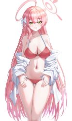 1girl bikini blue_archive breasts chinese_commentary commentary_request green_eyes halo hanako_(blue_archive) hanako_(swimsuit)_(blue_archive) highres jacket large_breasts long_hair looking_at_viewer nainaizi official_alternate_costume open_mouth parted_lips pink_hair pink_halo red_bikini red_eyes smile solo swimsuit thigh_gap white_jacket