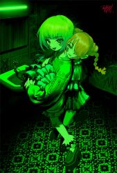 2girls absurdres bad_id bad_twitter_id bathroom dark_room facial_mark faucet full_body green_theme head_on_another&#039;s_shoulder highres inactive_account indoors long_hair long_sleeves looking_at_viewer multiple_girls open_mouth original platform_shoes shoes short_hair signature sink smile standing tile_floor tiles translation_request yu_(stdio_nameraka)