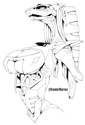 1girl bionicle breasts cable_hair cleavage cleavage_cutout clothing_cutout from_side greyscale highres humanoid_robot invader_ace large_breasts lineart looking_at_viewer monochrome robot roodaka_(bionicle) solo the_lego_group twitter_username underboob underboob_cutout upper_body