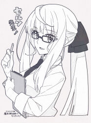 1girl bow breasts clipboard collared_shirt fate/grand_order fate_(series) glasses greyscale hair_bow large_breasts long_hair long_sleeves looking_at_viewer monochrome morgan_le_fay_(fate) necktie open_mouth ponytail saipaco shirt sidelocks smile solo translation_request very_long_hair