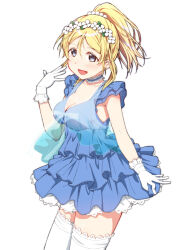 Rule 34 | 1girl, ayase eli, beads, blonde hair, blue choker, blue dress, blue eyes, blush, breasts, choker, cleavage, dress, flower, frilled choker, frilled dress, frilled thighhighs, frills, gloves, hair beads, hair flower, hair ornament, hand up, highres, looking at viewer, love live!, love live! school idol project, open mouth, ponytail, simple background, skull573, sleeveless, smile, solo, thighhighs, white background, white gloves, white thighhighs