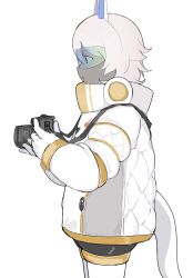 Rule 34 | 1boy, aged down, animal ears, arjuna (fate), arjuna alter (dream portrait) (fate), arjuna alter (fate), black eyes, camera, cat ears, colored skin, dark-skinned male, dark skin, fate/grand order, fate (series), from side, grey skin, highres, holding, holding camera, jacket, looking to the side, nyokinyoki 18, official alternate costume, parted lips, short hair, simple background, solo, spacesuit, tail, white background, white jacket