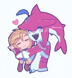 2boys :| armor belt black_boots blue_tunic blush_stickers boots chibi closed_eyes closed_mouth fingerless_gloves fins fish_boy gills gloves hair_between_eyes hand_on_another&#039;s_arm head_fins headpiece heart highres holding hug kuraraan link male_focus multiple_boys nintendo open_mouth parted_bangs pauldrons plume scar scar_on_head sharp_teeth shoulder_armor sidon simple_background teeth the_legend_of_zelda the_legend_of_zelda:_breath_of_the_wild tunic twitter_username upper_teeth_only white_background yaoi zora